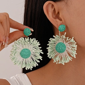 Handmade Woven Flower Drop Earrings With Silver Earring Post Boho Raffia Floral Vacation Jewelry For Women