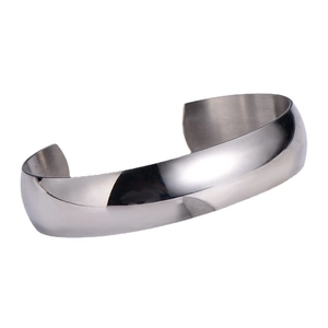 Minimalist silver wide-band Mobius open bracelet in polished stainless steel for women