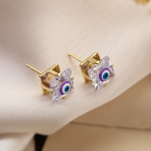 Mini 18K gold plated devil's eye square stud earrings with zircon and enamel detailing