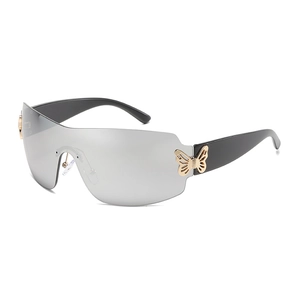 Oversized Rimless Wrap Sunglasses For Women Gold Butterfly Metal Decoration Y2K Retro Trendy Fashionable Eyewear