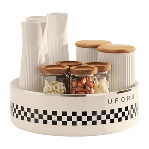 Rotating kitchen spice rack set with white checkerboard tray and wooden lid jars