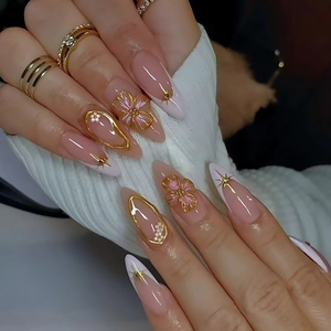 3D Floral French Style Press On Nails Sweet Pink White Gradient Fake Nails Long Almond Rhinestone Manicure Art For Women