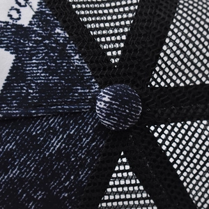 Close-up of mesh breathable fabric and textured denim-style button on top of baseball cap