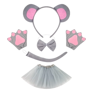 Cute gray and pink mouse costume set with ears headband, tutu, gloves, tail and bowtie