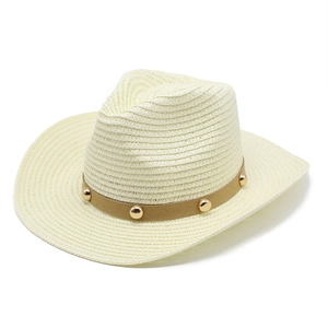 Chapeau de cowboy en paille beige avec ceinture cloutée, protection solaire pour hommes et femmes