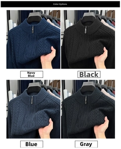 Detail view of chunky cable knit sweaters with half-zip collar in four classic colors