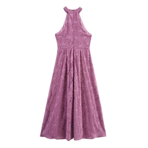 Elegant fuchsia halter neck maxi dress in textured floral jacquard with A-line silhouette