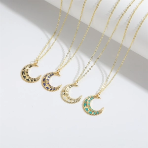 Golden crescent moon pendant necklaces with colorful enamel and zircon inlay