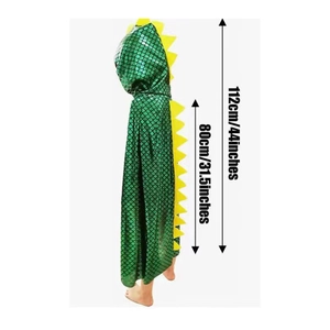 Green dinosaur cape for kids with metallic fish scale pattern and yellow spikes