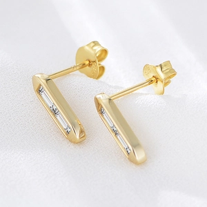 Elegant gold S925 sterling silver geometric stud earrings with rectangular zircon