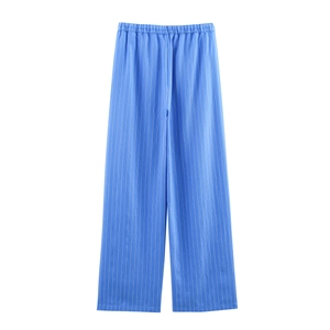 Women's blue vertical striped loose casual pants with elastic waist for summer