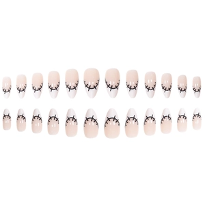French white tip press-on nails with black stitch graffiti design for Halloween fashion