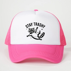 Pink and white trucker hat featuring a Stay Trashy slogan and rolling raccoon graphic