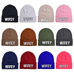 Knitted beanie hat collection with WIFEY embroidery in twelve assorted solid colors