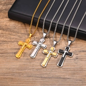 Men's Stainless Steel Cross Pendant Necklace Double Layered Punk Gothic Biker Religious Jewelry Accessory