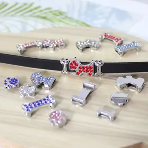 DIY colorful rhinestone paw and dog bone sliders for 8mm leather wristbands and collars