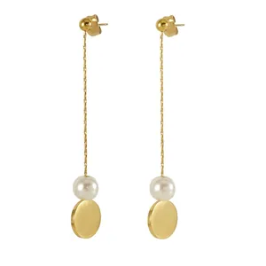 Stainless Steel Artificial Pearl Long Tassel Drop Earrings Gold Plated Round Disc Chain Dangle Jewelry For Women Elegant