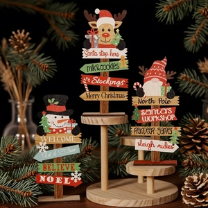Three-piece Christmas wooden sign set with snowman, reindeer and Santa for desk decor
