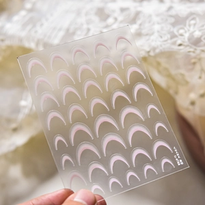 Macro view of French gradient pink nail stickers with lace details and soft texture
