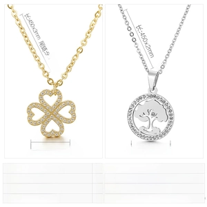 Detail showing clover heart and tree of life pendants with dimensions and material specs