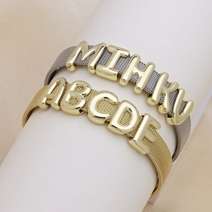 Adjustable mesh band bracelets with polished gold 3D alphabet letters for DIY names