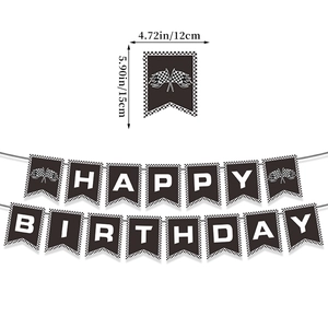 Détail de bannière d'anniversaire de course avec dimensions de 12cm par 15cm par fanion