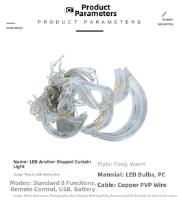 Technical diagram of anchor-shaped LED curtain lights with multi-mode power options