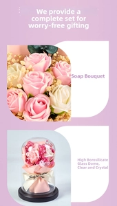 Detail of soap flower bouquet in glass dome with Just for you ribbon and black base
