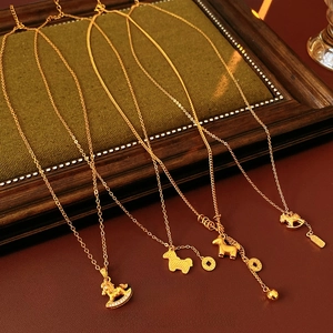 Pony Pendant Necklace Copper Gold Plated Horse Copper Coin Charm Retro Fashion Clavicle Chain For Women Jewelry