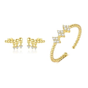 Elegant gold S925 silver jewelry set with flower-shaped ring and zircon tassel earrings