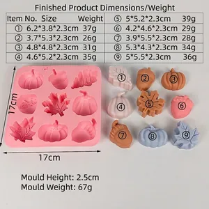 9-cavity silicone mold for pumpkin and leaf shapes with dimensions and weight chart
