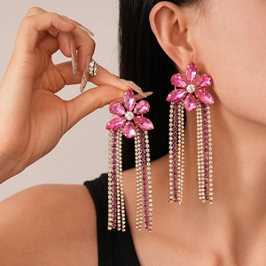 Vintage Flower Long Tassel Earrings With Pink Purple Rhinestones Copper Jewelry Steel Earring Post For Women