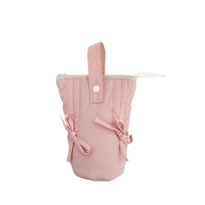 Pink canvas macaron storage bag with bow knot handle and large capacity zipper pouch