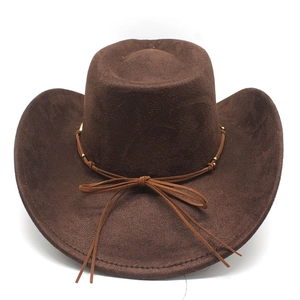 Detailed close-up of dark brown suede cowboy hat with decorative rope and gold beads
