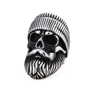 Retro stainless steel biker ring featuring a bearded skull wearing a knit beanie hat