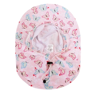 Pink butterfly kids sun hat detail with adjustable wind cord and neck protection flap