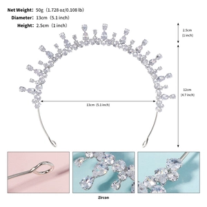 Detailed size specifications and zircon inlay view of silver tiara crown headband