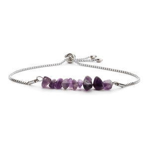 Adjustable silver bracelet featuring natural purple amethyst stones on white background