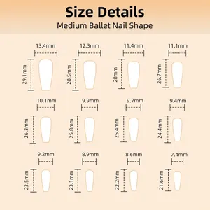 Size chart for 24pcs medium coffin press-on nails in various width and length dimensions