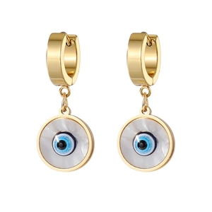 Detail of evil eye drop earrings with white shell and golden stainless steel hoops