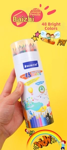 Detail of 48-color erasable colored pencils with hexagonal barrels in tube packaging