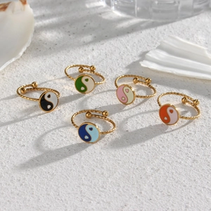 Set of five 18K gold-plated adjustable rings with colorful enamel Tai Chi Yin Yang designs