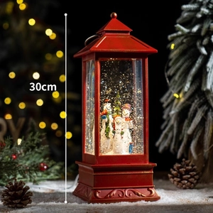 Lanterna natalizia rossa 30cm con palla di neve musicale e pupazzi di neve decorativi