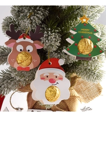 Detailed view of Christmas candy holder cards with reindeer and Santa tree ornaments