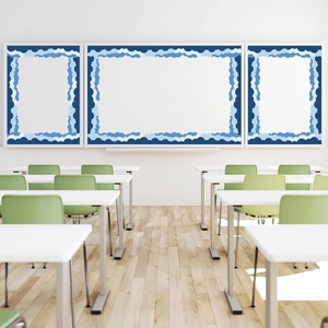 Blue wave bulletin board border sticker displayed on a classroom whiteboard setup