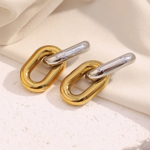 Detailed close-up of 18K gold and silver plated stainless steel hollow chain link earrings