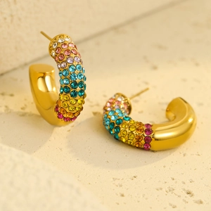 18K gold plated stainless steel C-shaped earrings with colorful rainbow cubic zirconia