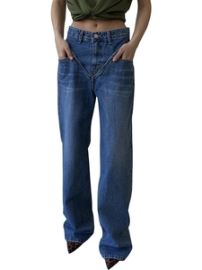 Women's loose-fit patchwork high-waist denim jeans in blue with a straight-leg cut