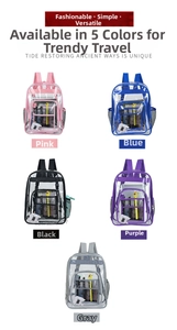 Detailed grid of transparent PVC backpacks in five colors including pink, blue, and black