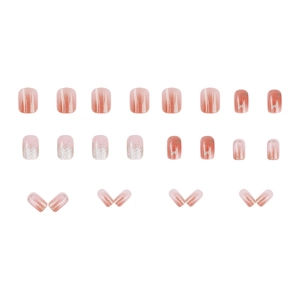 Pink gradient press-on nails with silver glitter and cat silhouette in short square shape